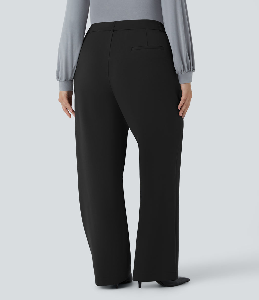 High Waisted Zipper Pocket Straight Leg Plus Size Work Trousers — Black — view 2