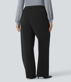 High Waisted Zipper Pocket Straight Leg Plus Size Work Trousers — Black — view 2