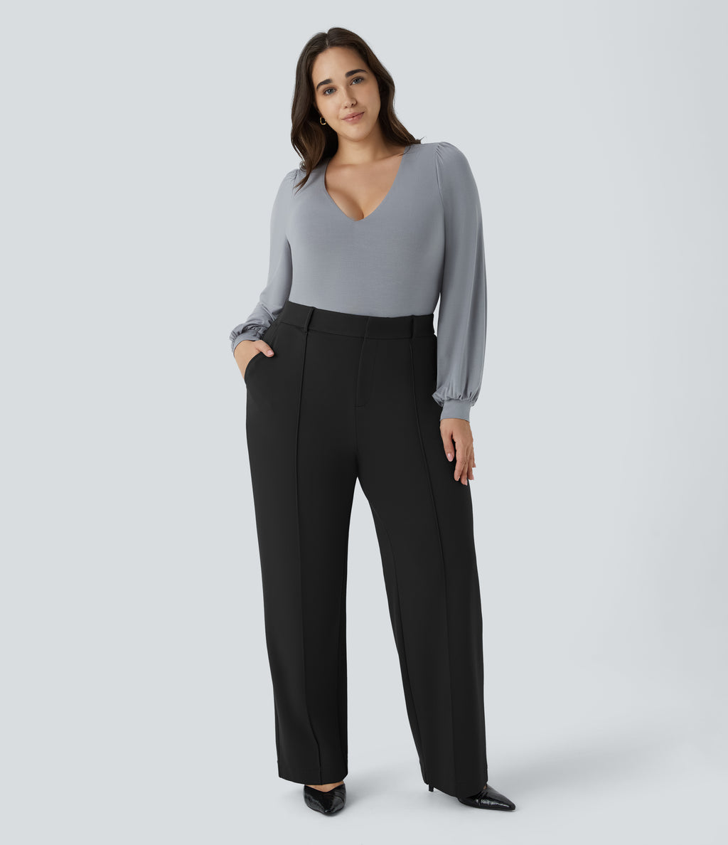 High Waisted Zipper Pocket Straight Leg Plus Size Work Trousers — Black — view 6