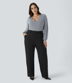 High Waisted Zipper Pocket Straight Leg Plus Size Work Trousers — Black — view 6