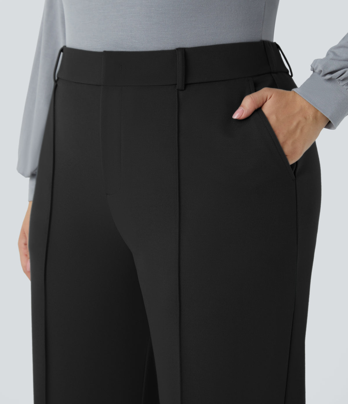 High Waisted Zipper Pocket Straight Leg Plus Size Work Trousers — Black — view 5