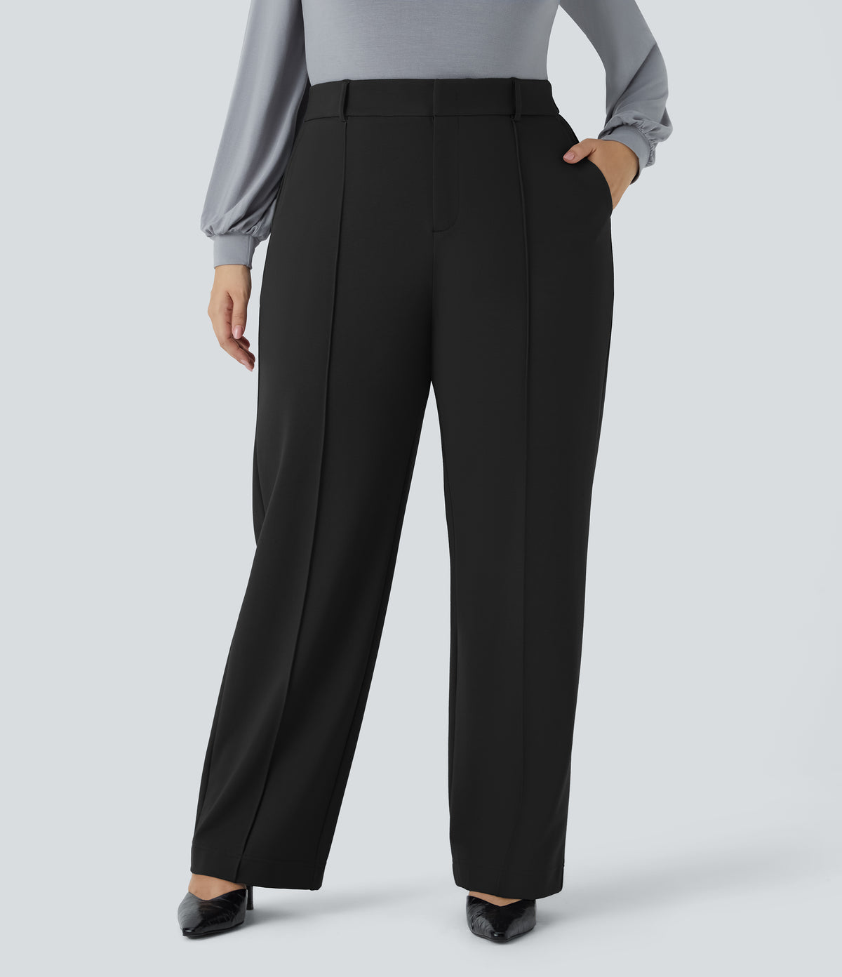 High Waisted Zipper Pocket Straight Leg Plus Size Work Trousers — Black — view 1