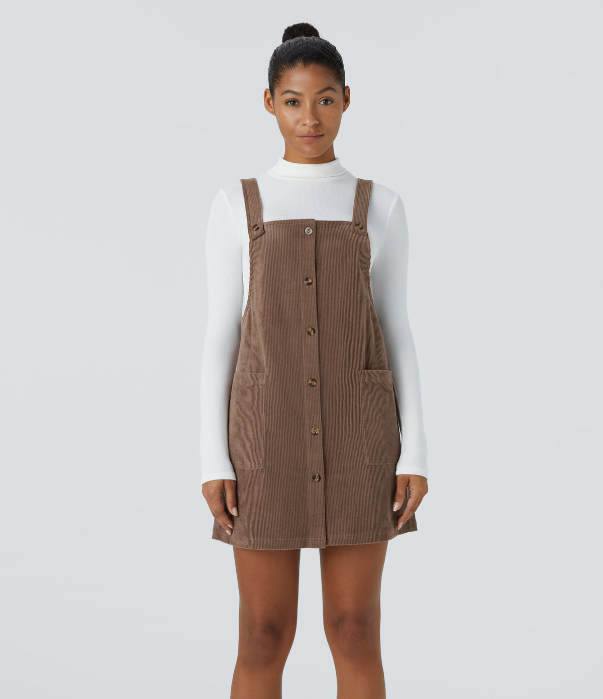 Adjustable Strap Button Side Pocket Corduroy Mini Casual Jumper Dress — Acorn — view 7