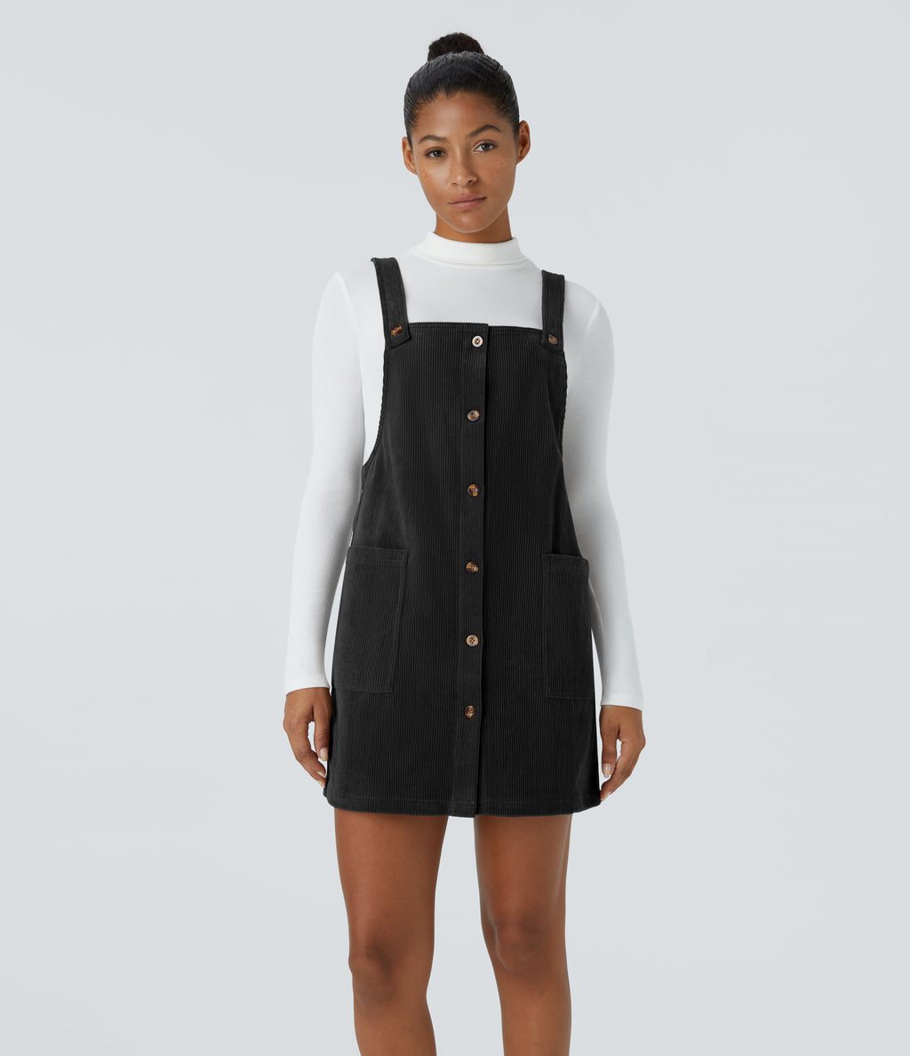 Adjustable Strap Button Side Pocket Corduroy Mini Casual Jumper Dress — Black — view 1