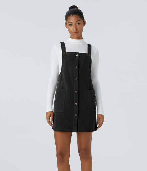 Adjustable Strap Button Side Pocket Corduroy Mini Casual Jumper Dress — Black — view 1