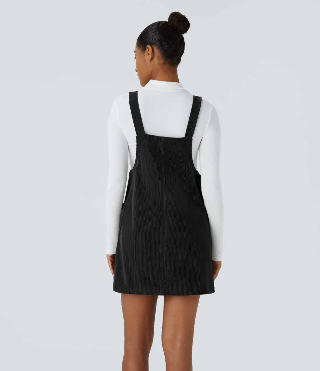 Adjustable Strap Button Side Pocket Corduroy Mini Casual Jumper Dress — Black — view 2