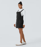 Adjustable Strap Button Side Pocket Corduroy Mini Casual Jumper Dress — Black — view 6