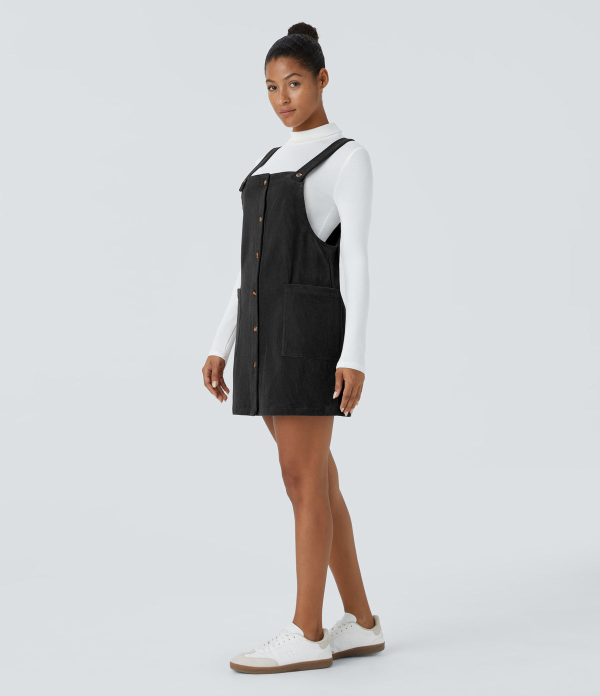 Adjustable Strap Button Side Pocket Corduroy Mini Casual Jumper Dress — Black — view 6