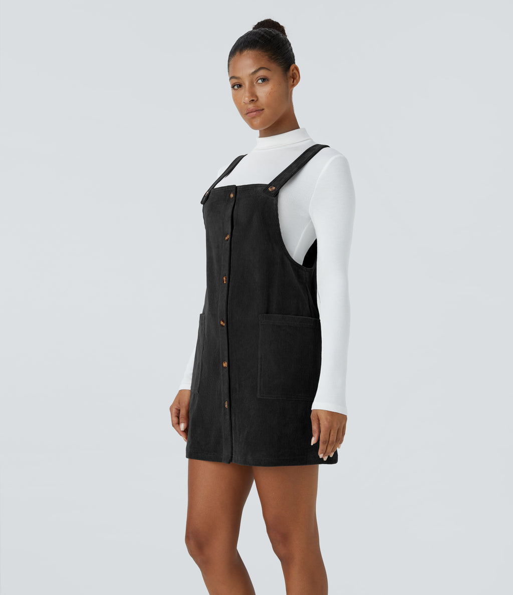 Adjustable Strap Button Side Pocket Corduroy Mini Casual Jumper Dress — Black — view 3