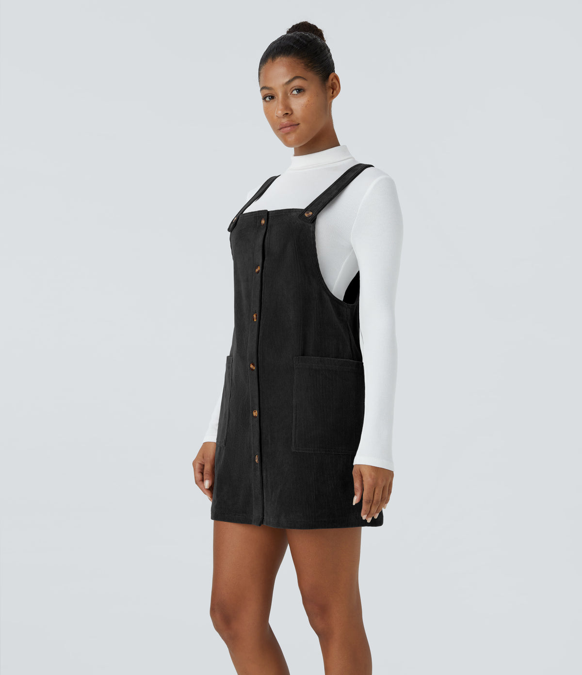 Adjustable Strap Button Side Pocket Corduroy Mini Casual Jumper Dress — Black — view 3