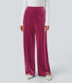 High Waisted Pocket Wide Leg Velvet Casual Trousers — Sangria — view 1