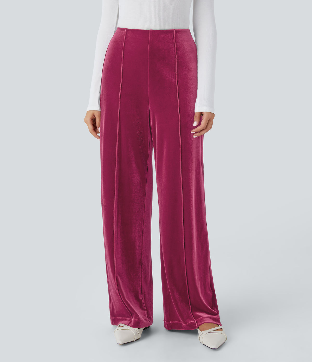 High Waisted Pocket Wide Leg Velvet Casual Trousers — Sangria — view 1