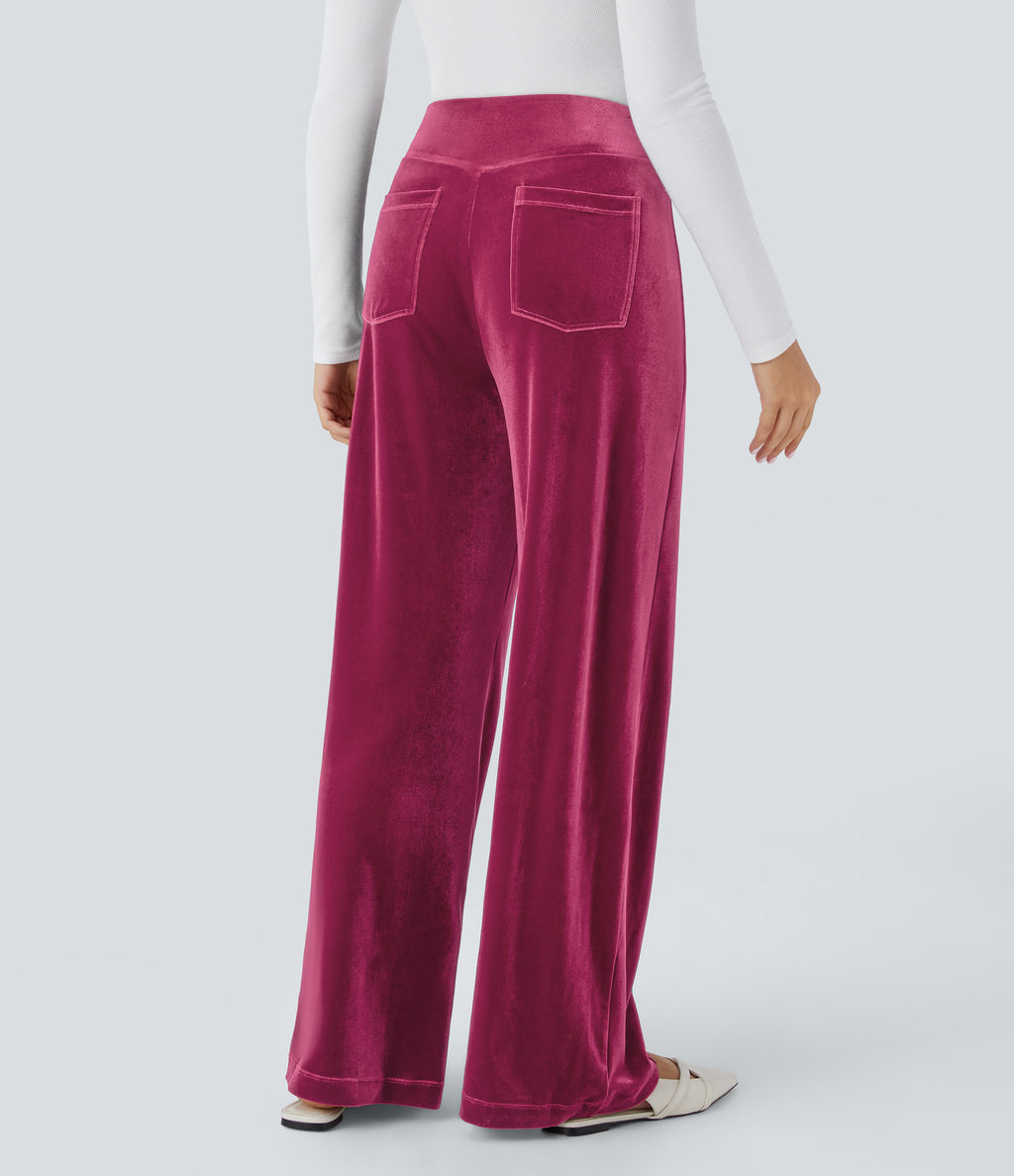 High Waisted Pocket Wide Leg Velvet Casual Trousers — Sangria — view 2