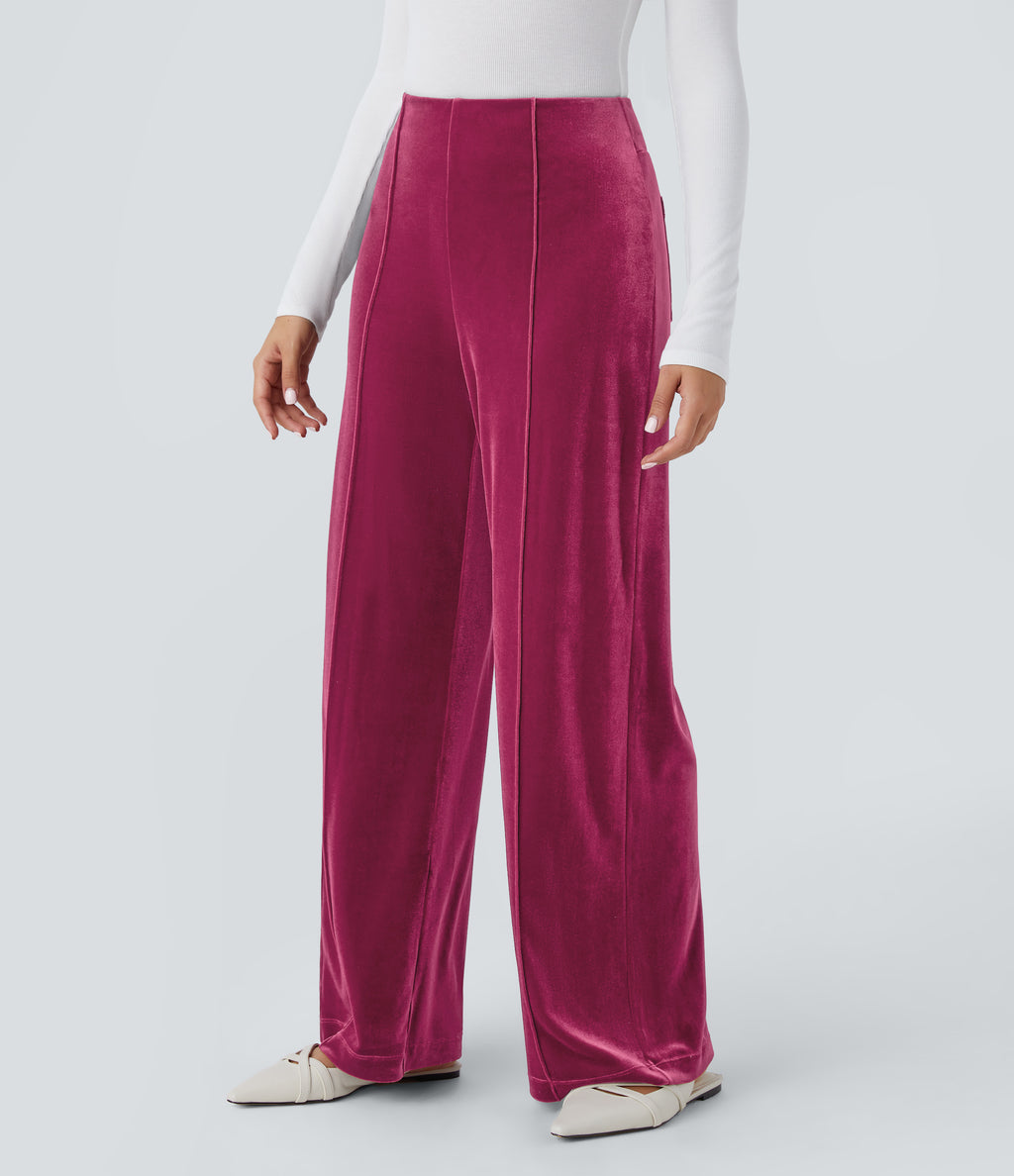 High Waisted Pocket Wide Leg Velvet Casual Trousers — Sangria — view 3