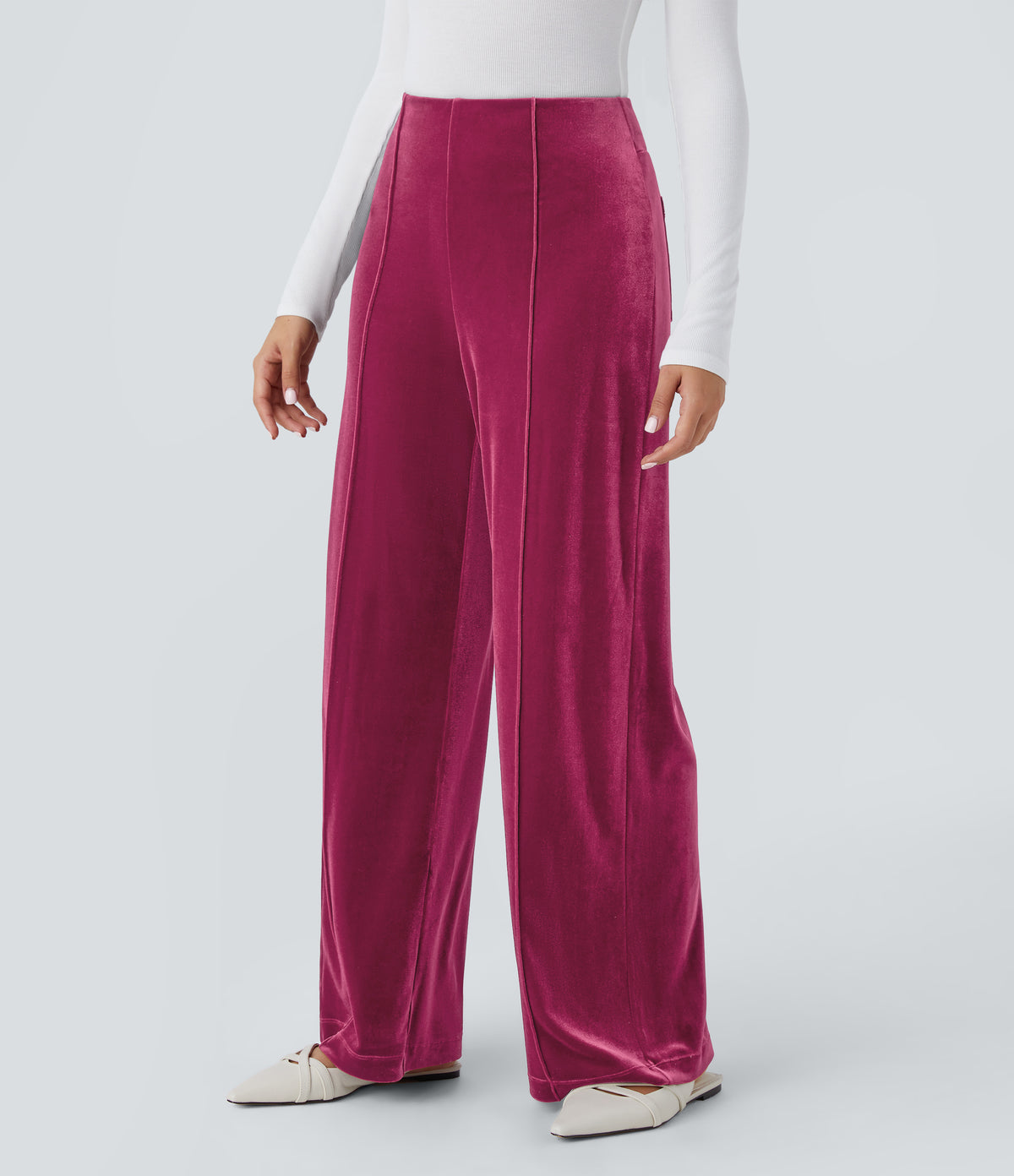 High Waisted Pocket Wide Leg Velvet Casual Trousers — Sangria — view 3