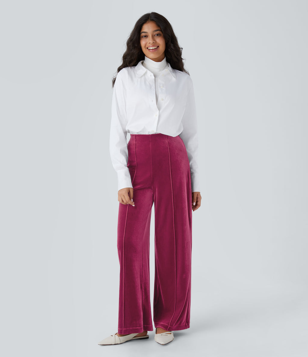 High Waisted Pocket Wide Leg Velvet Casual Trousers — Sangria — view 6
