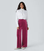 High Waisted Pocket Wide Leg Velvet Casual Trousers — Sangria — view 6