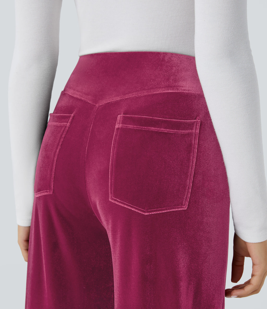 High Waisted Pocket Wide Leg Velvet Casual Trousers — Sangria — view 5