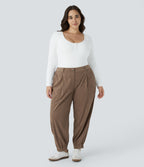 Mid Rise Button Zipper Multiple Pockets Corduroy Casual Plus Size Joggers — Acorn — view 6