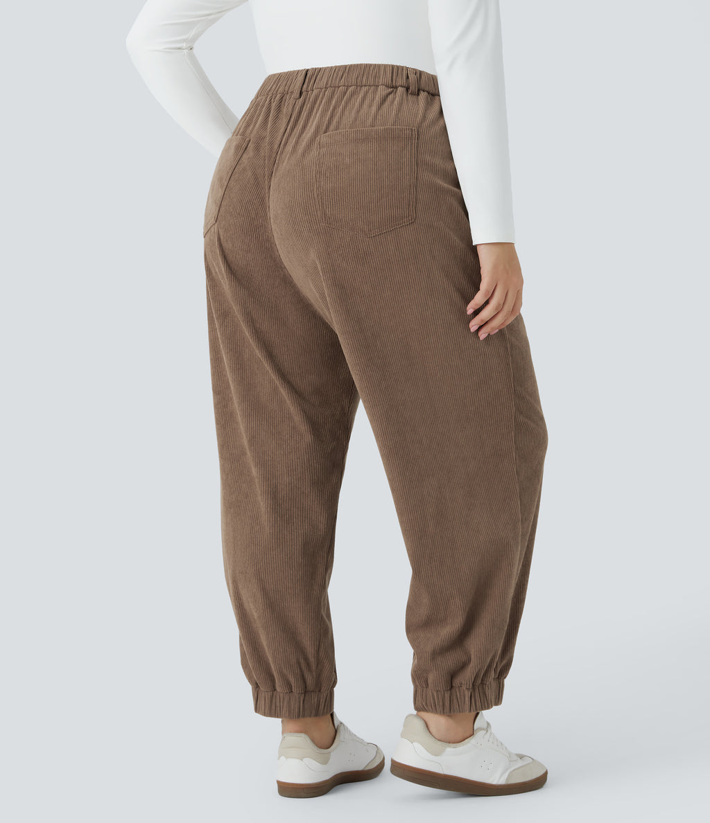 Mid Rise Button Zipper Multiple Pockets Corduroy Casual Plus Size Joggers — Acorn — view 2