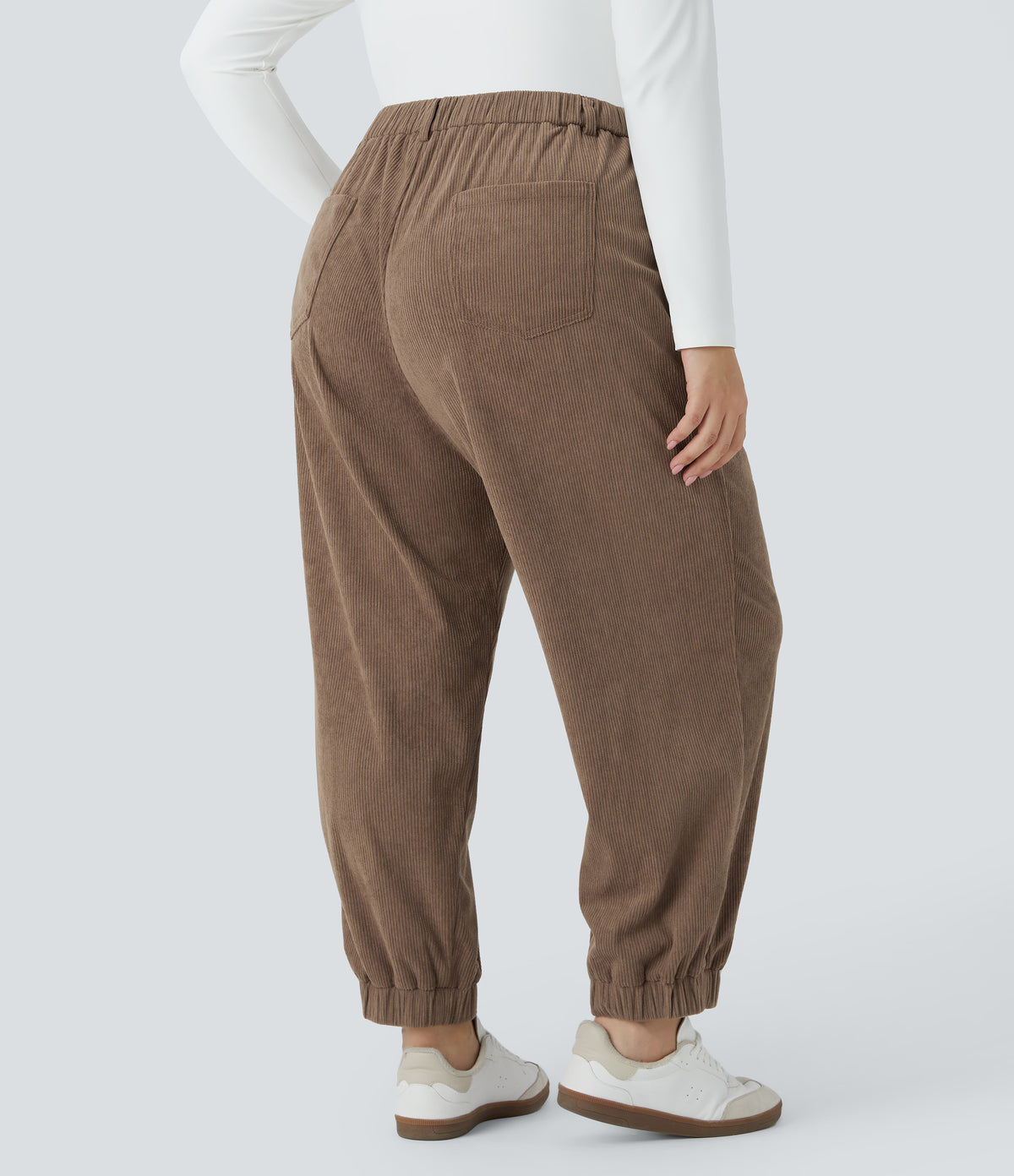 Mid Rise Button Zipper Multiple Pockets Corduroy Casual Plus Size Joggers — Acorn — view 2
