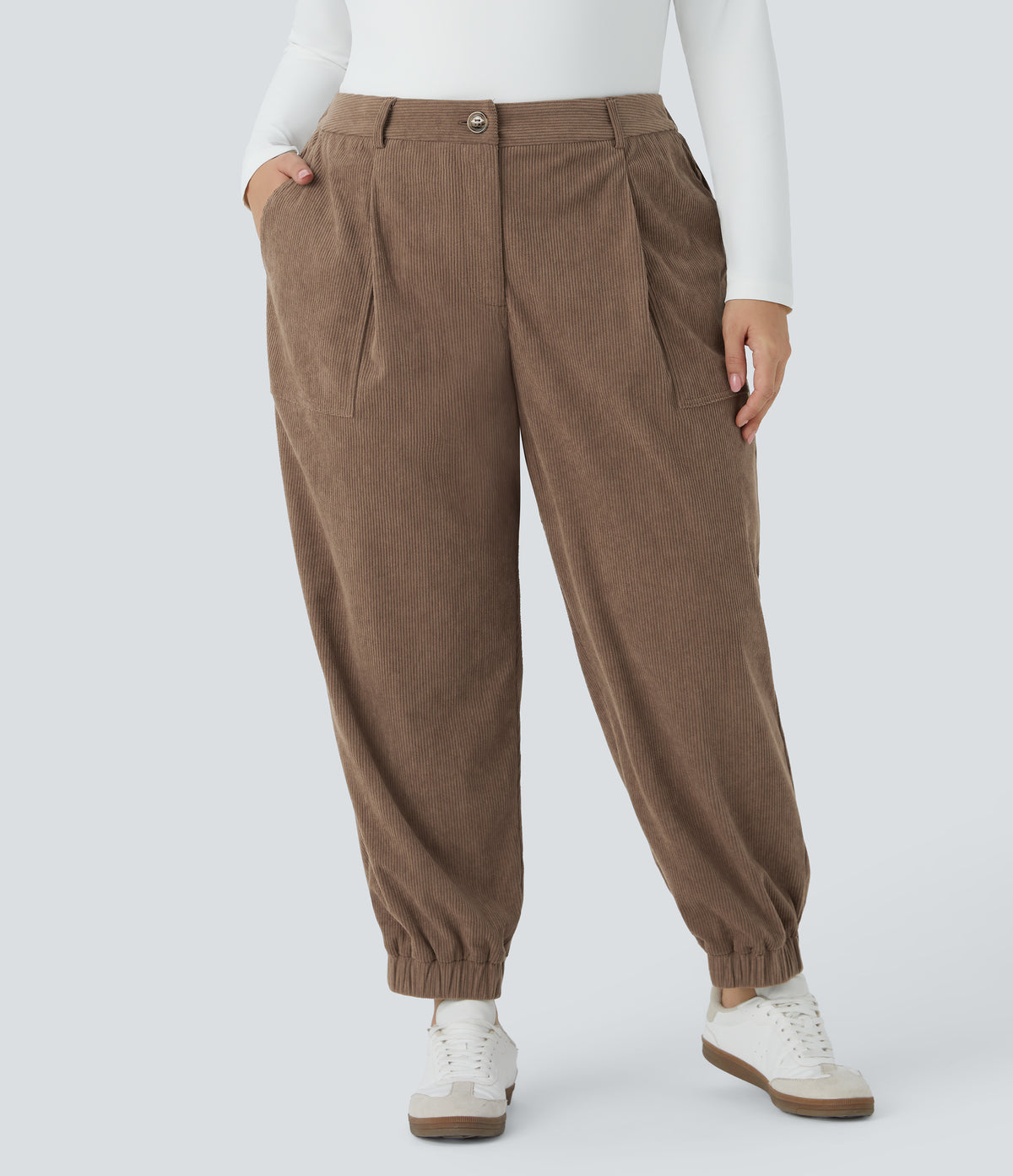 Mid Rise Button Zipper Multiple Pockets Corduroy Casual Plus Size Joggers — Acorn — view 3