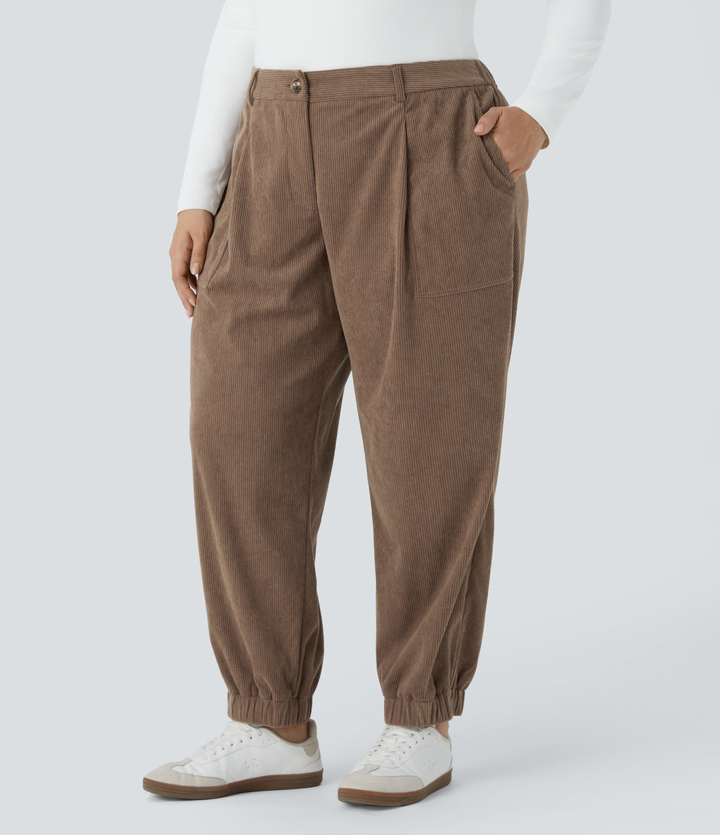 Mid Rise Button Zipper Multiple Pockets Corduroy Casual Plus Size Joggers — Acorn — view 1