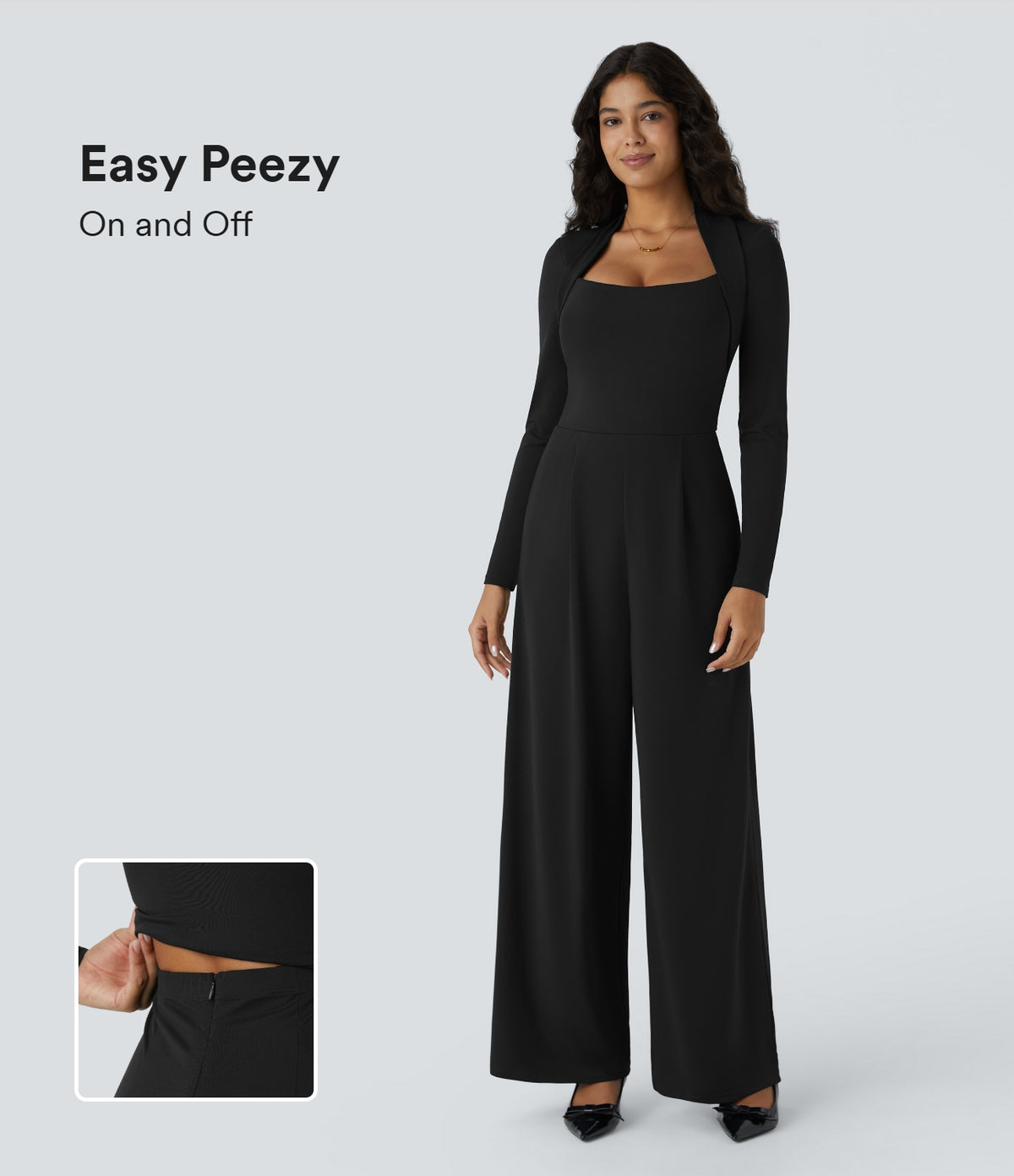 Long Sleeve Pocket Wide Leg Jumpsuit — Black — view 1