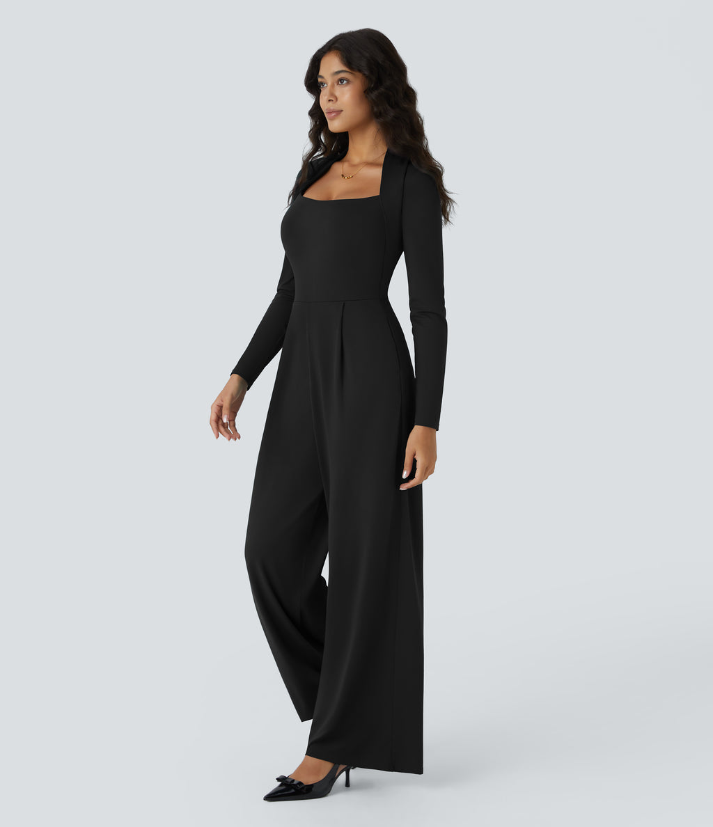 Long Sleeve Pocket Wide Leg Jumpsuit — Black — view 2