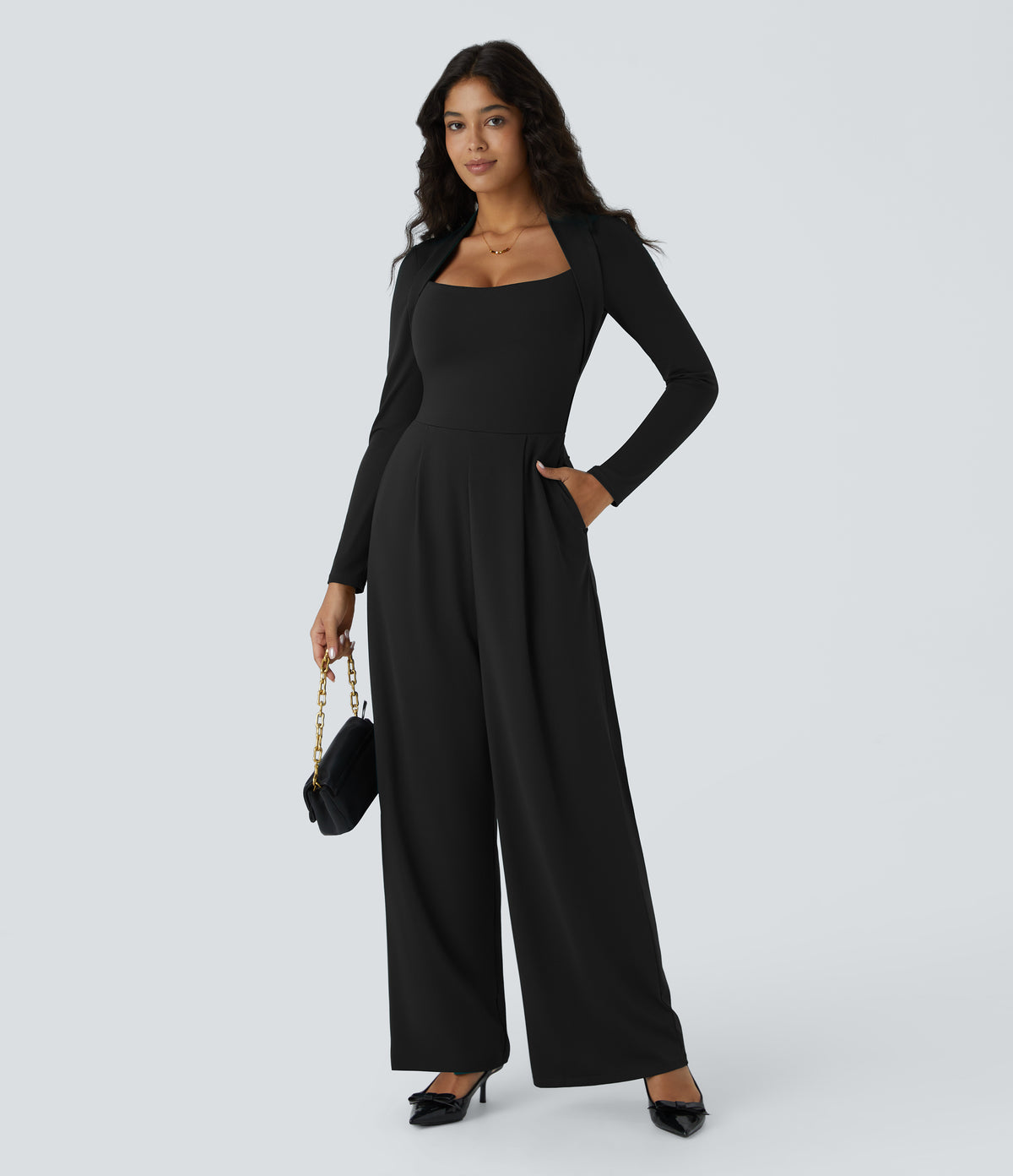 Long Sleeve Pocket Wide Leg Jumpsuit — Black — view 4