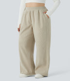 High Waisted Side Pocket Straight Leg Mop Corduroy Casual Plus Size Trousers — Almond Milk — view 3