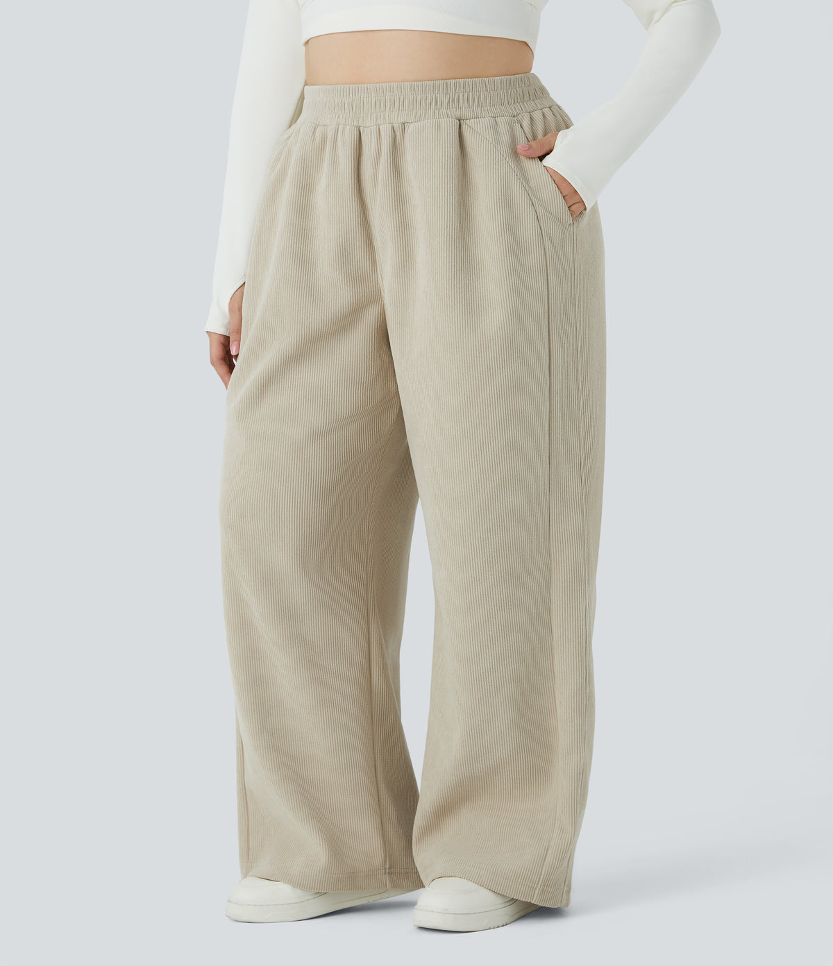 High Waisted Side Pocket Straight Leg Mop Corduroy Casual Plus Size Trousers — Almond Milk — view 3