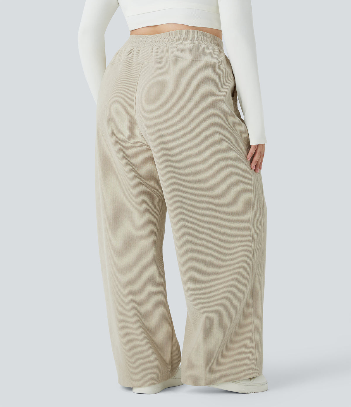 High Waisted Side Pocket Straight Leg Mop Corduroy Casual Plus Size Trousers — Almond Milk — view 2
