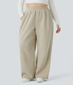 High Waisted Side Pocket Straight Leg Mop Corduroy Casual Plus Size Trousers — Almond Milk — view 1