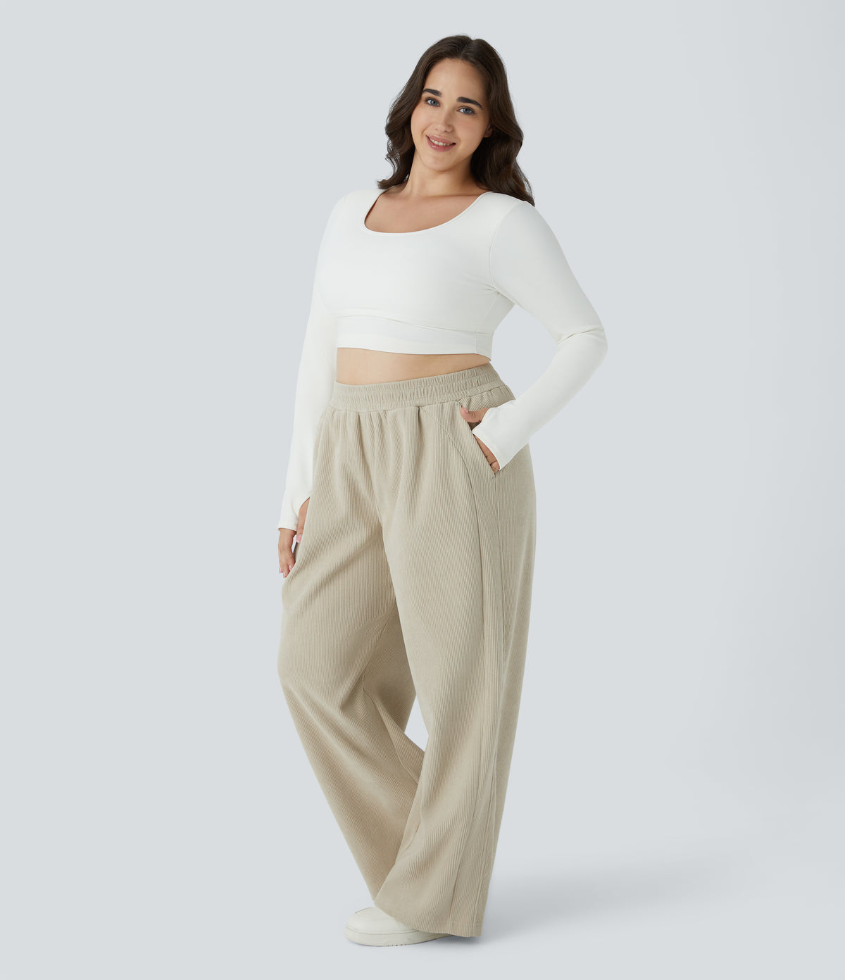 High Waisted Side Pocket Straight Leg Mop Corduroy Casual Plus Size Trousers — Almond Milk — view 6