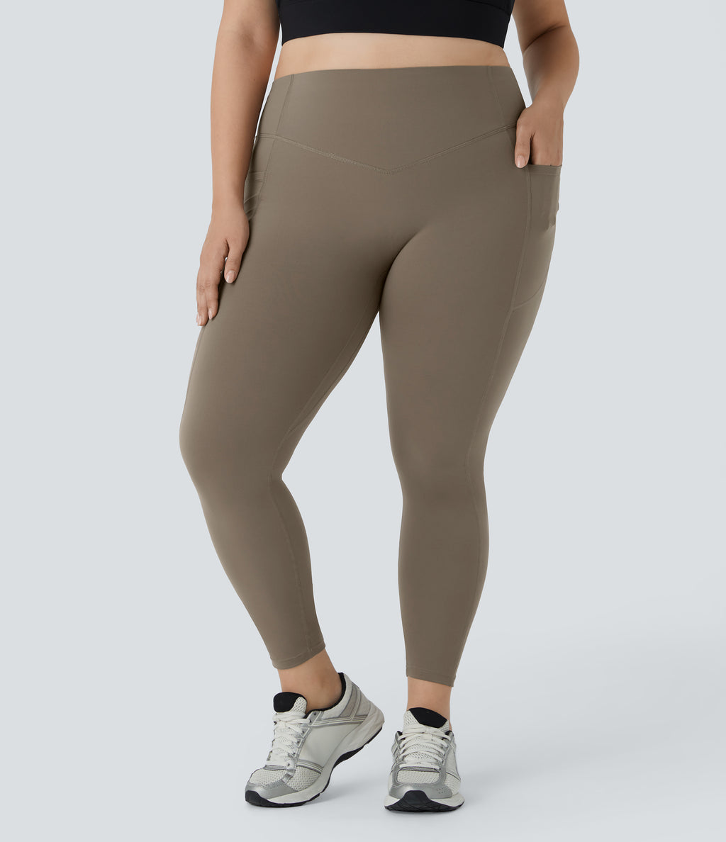 High Waisted Scrunch Butt Lifting Tummy Control Pocket Shaping Training Plus Size Leggings — Dawn Brown — view 3