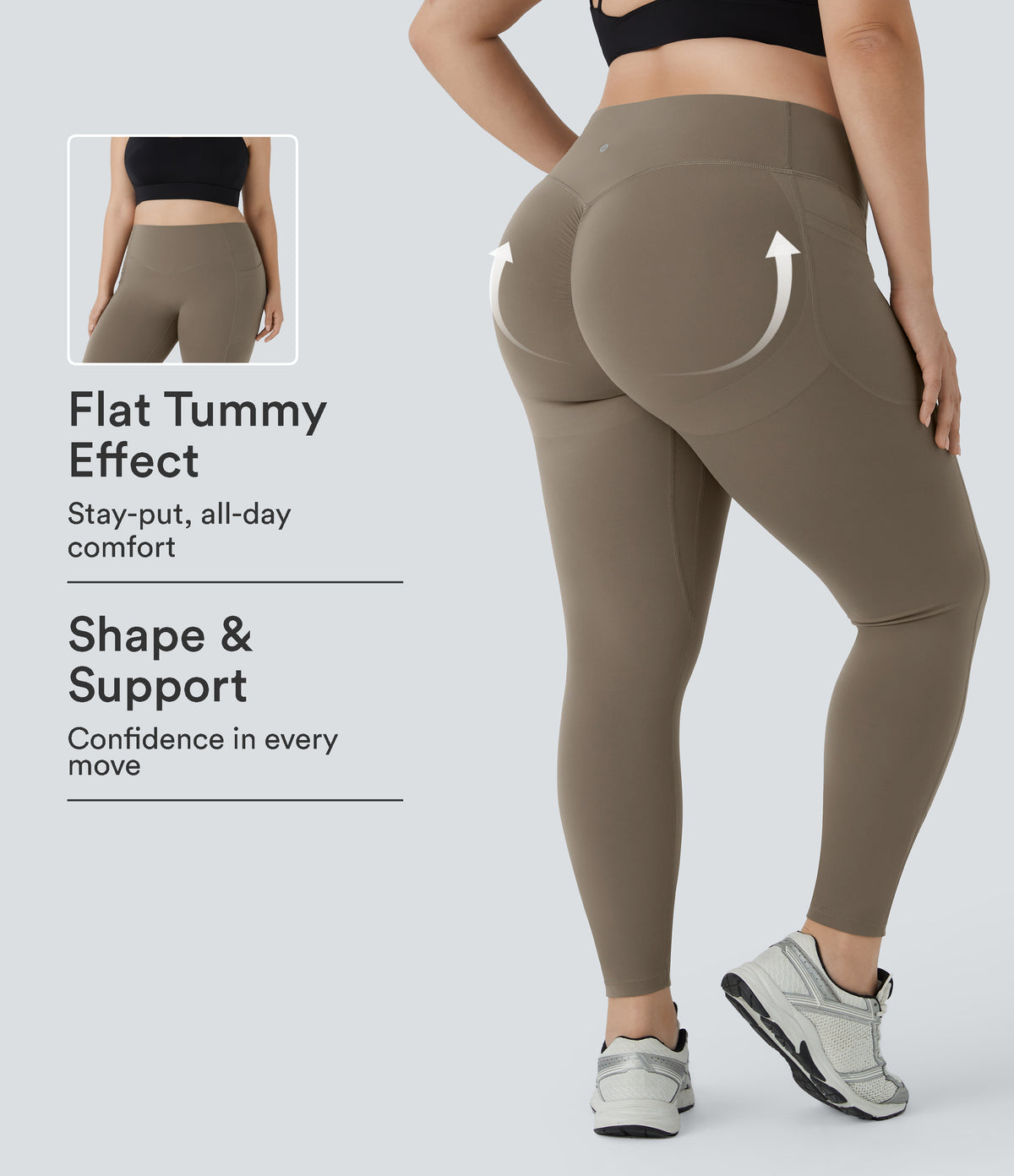 High Waisted Scrunch Butt Lifting Tummy Control Pocket Shaping Training Plus Size Leggings — Dawn Brown — view 1