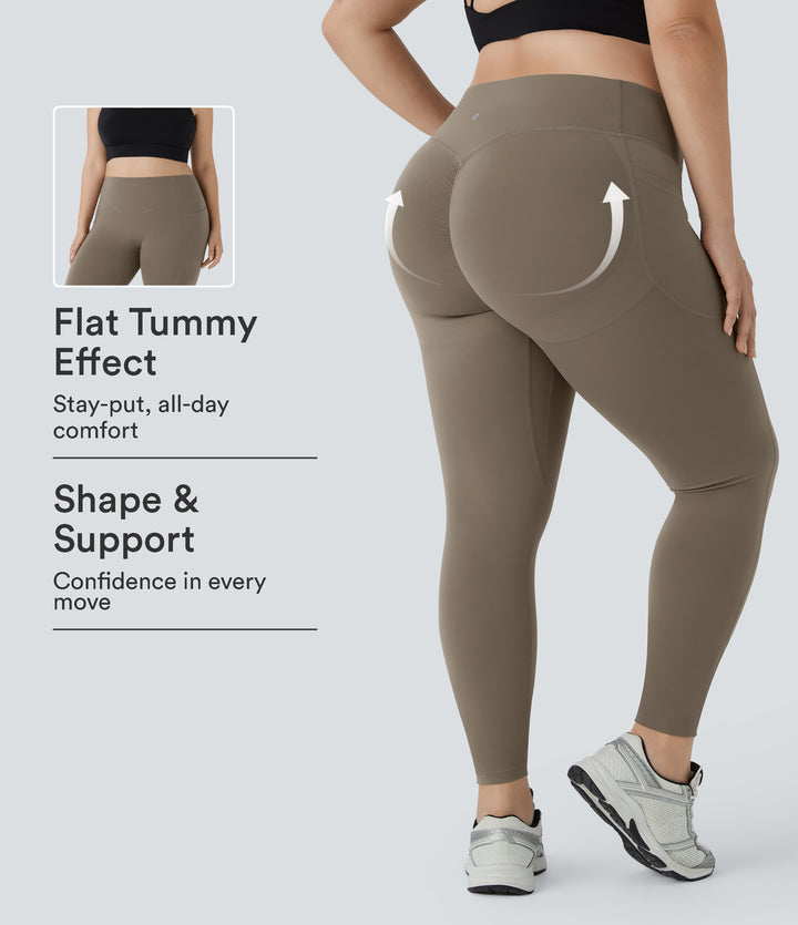 High Waisted Scrunch Butt Lifting Tummy Control Pocket Shaping Training Plus Size Leggings — Dawn Brown — view 1
