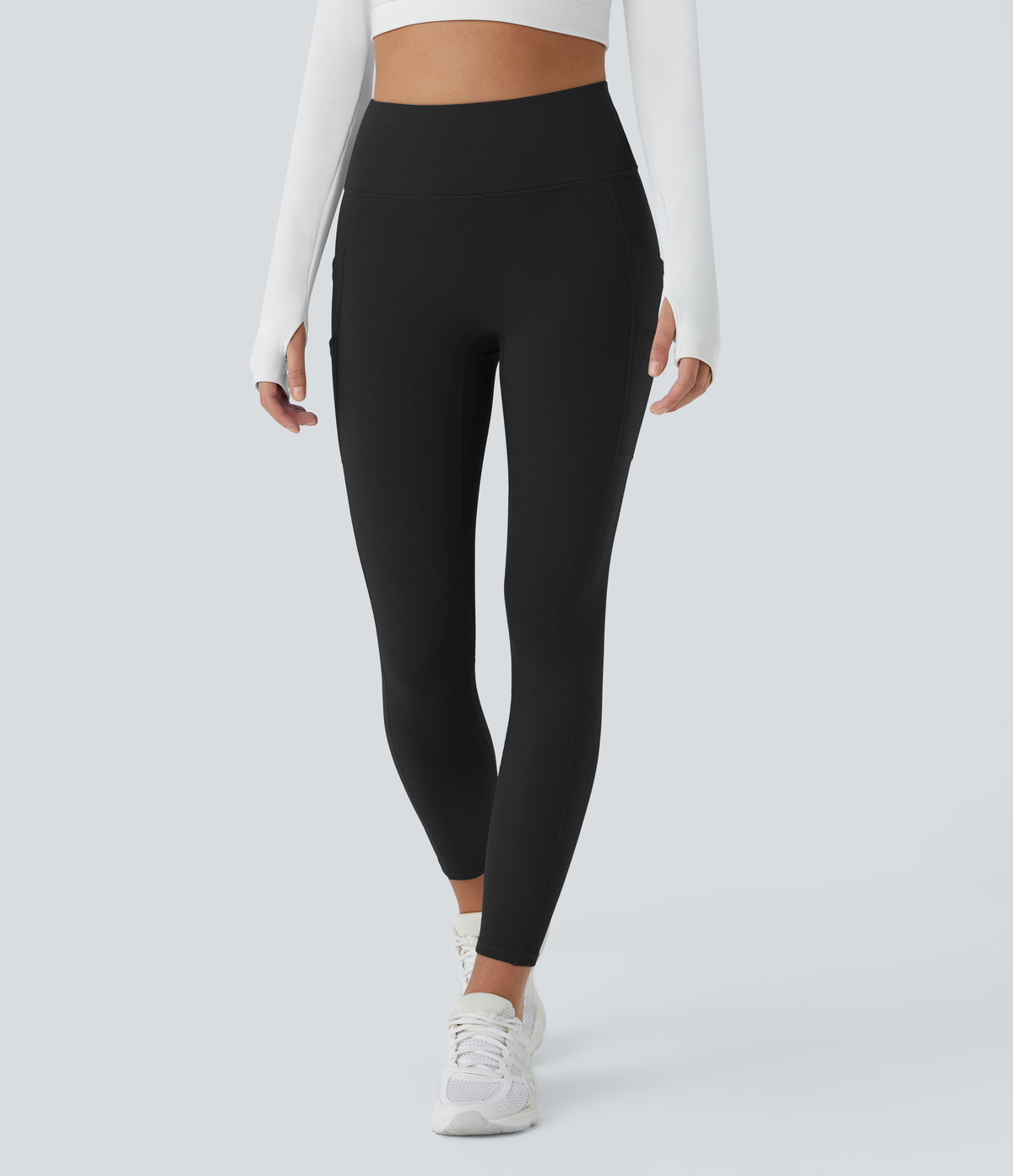 Plush Thermal High Waisted Double Pockets 7/8 Yoga Leggings — Black — view 3