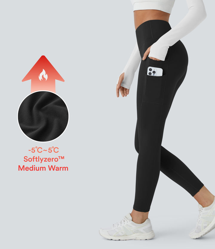 Plush Thermal High Waisted Double Pockets 7/8 Yoga Leggings — Black — view 1