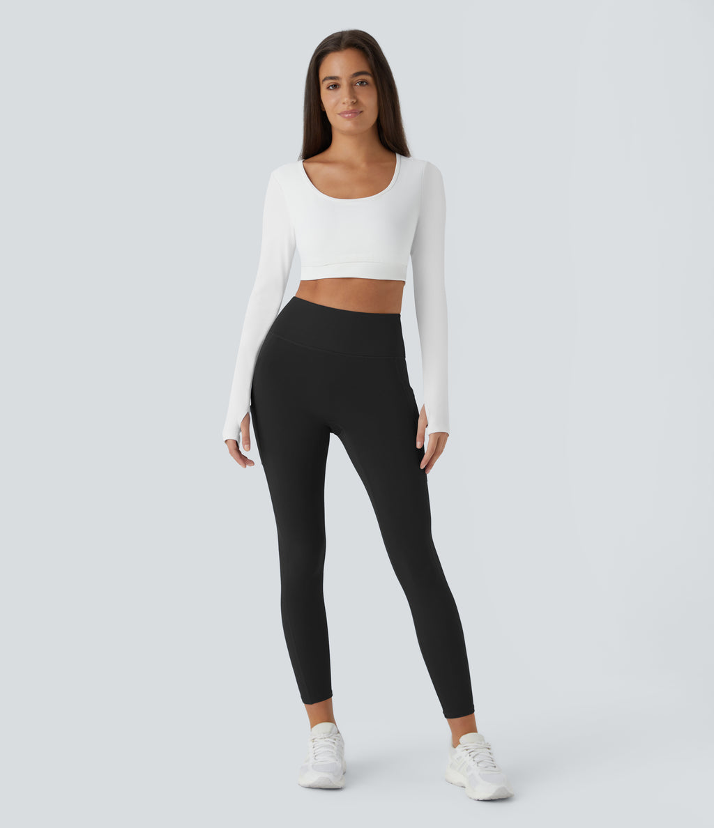 Plush Thermal High Waisted Double Pockets 7/8 Yoga Leggings — Black — view 7