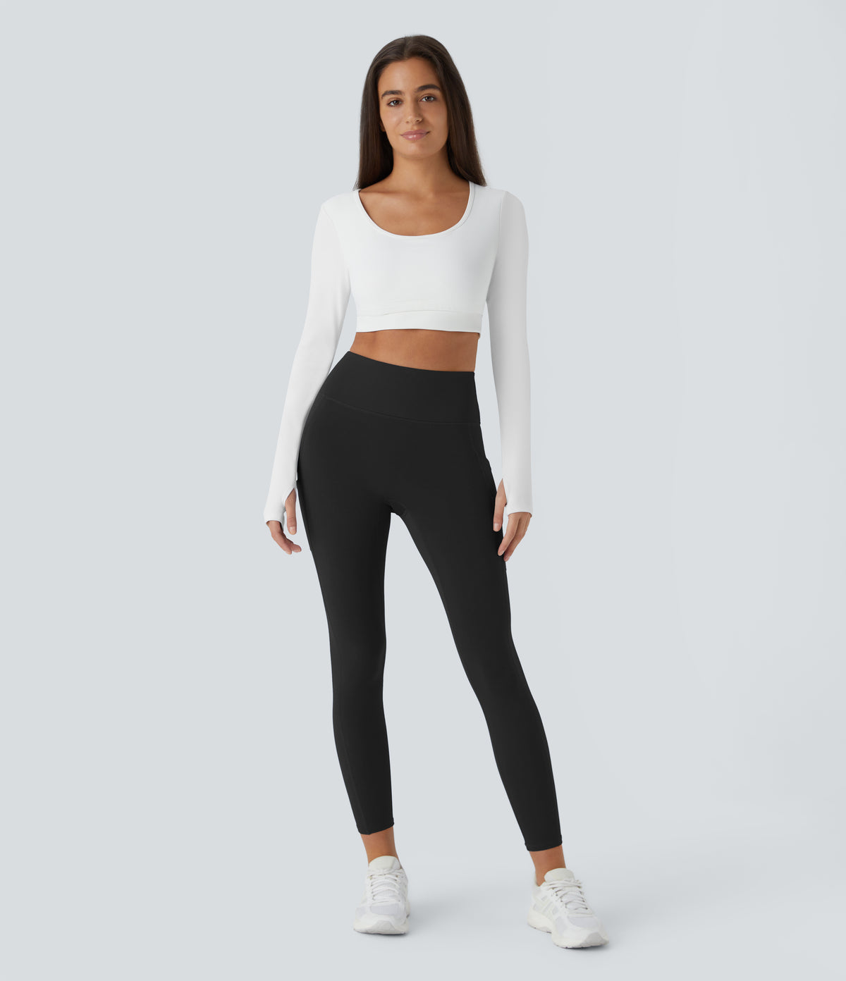 Plush Thermal High Waisted Double Pockets 7/8 Yoga Leggings — Black — view 7