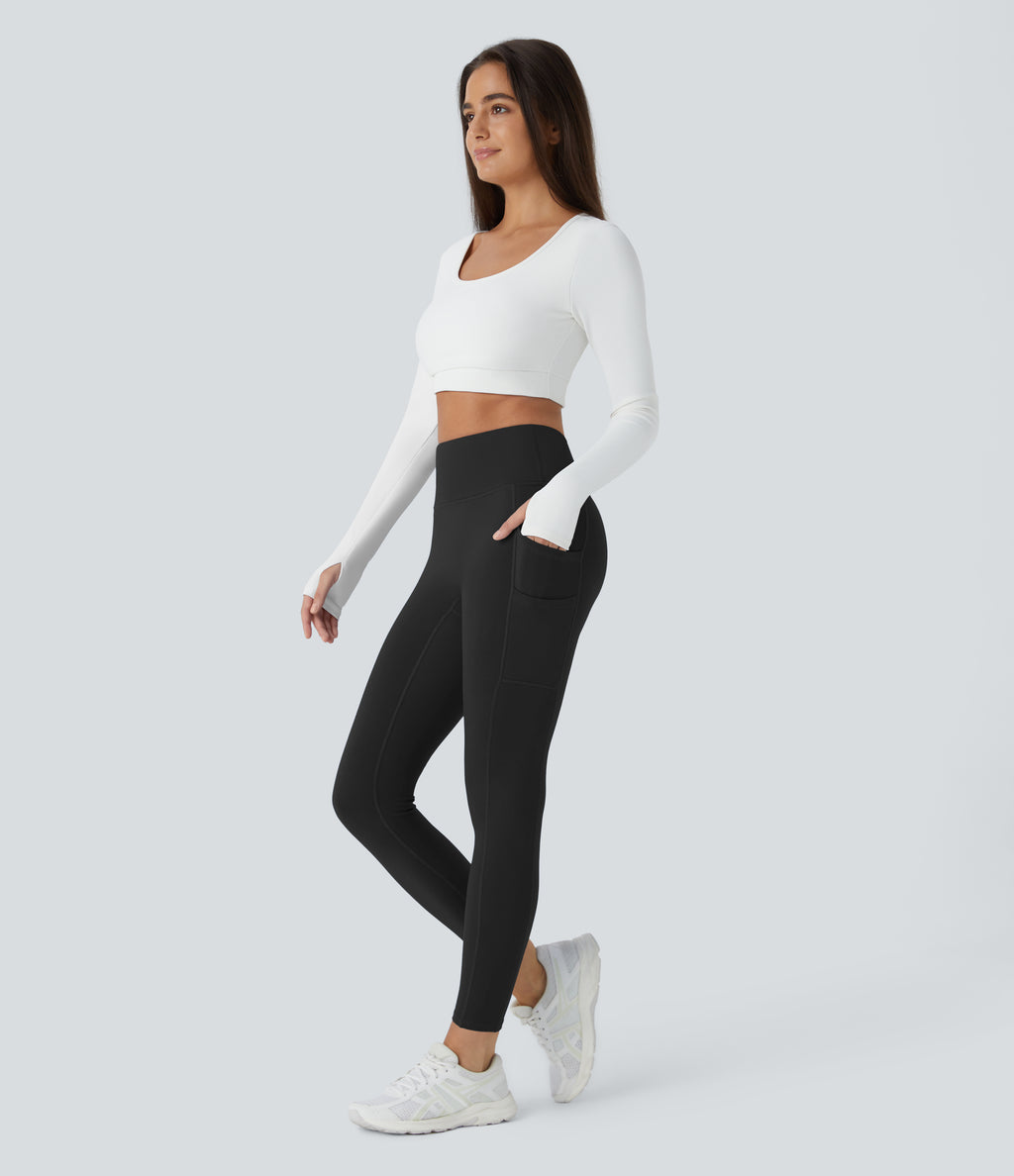 Plush Thermal High Waisted Double Pockets 7/8 Yoga Leggings — Black — view 8