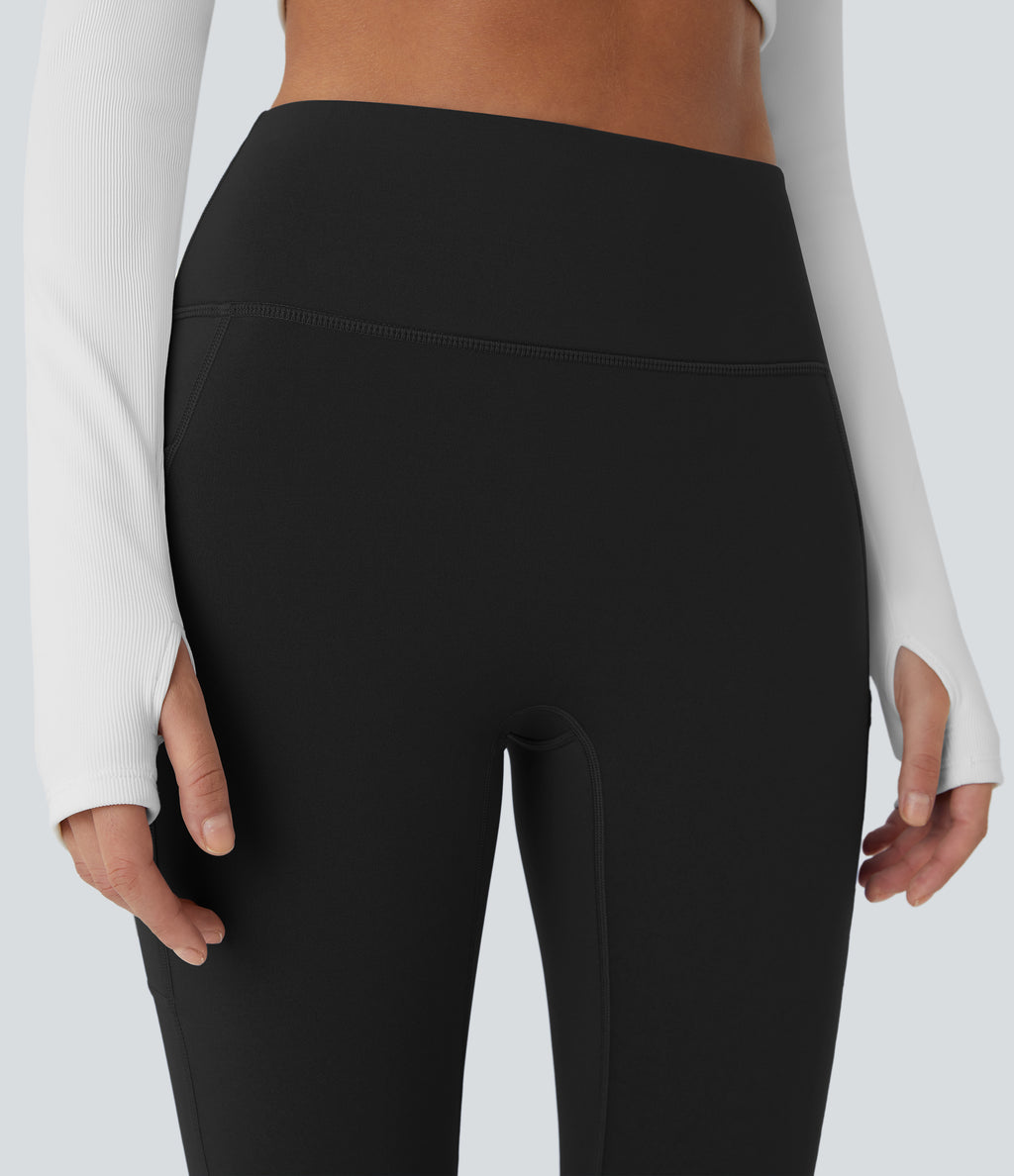 Plush Thermal High Waisted Double Pockets 7/8 Yoga Leggings — Black — view 6