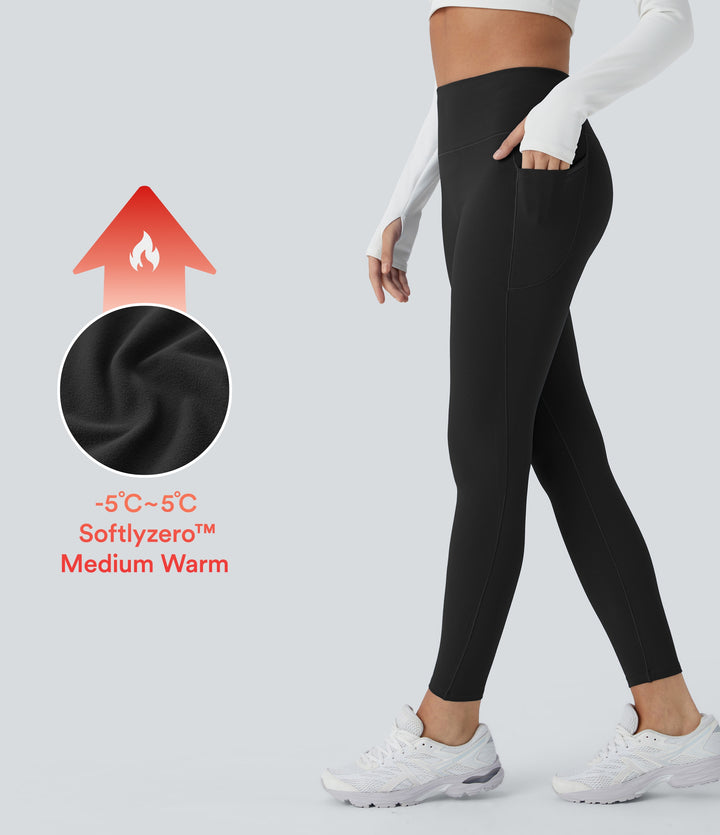 Plush Thermal High Waisted Side Pocket Skinny 7/8 Yoga Leggings — Black — view 1