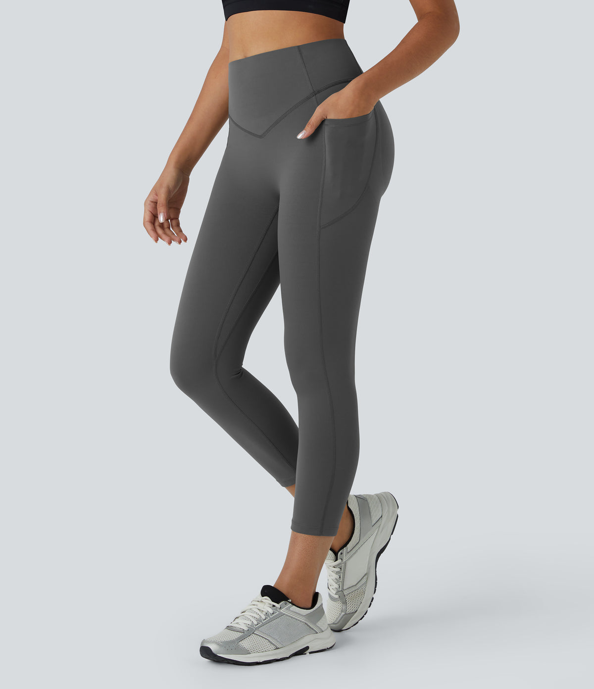 High Waisted Scrunch Butt Lifting Tummy Control Pocket Shaping Capri Training Leggings — Volcanic Ash — view 3