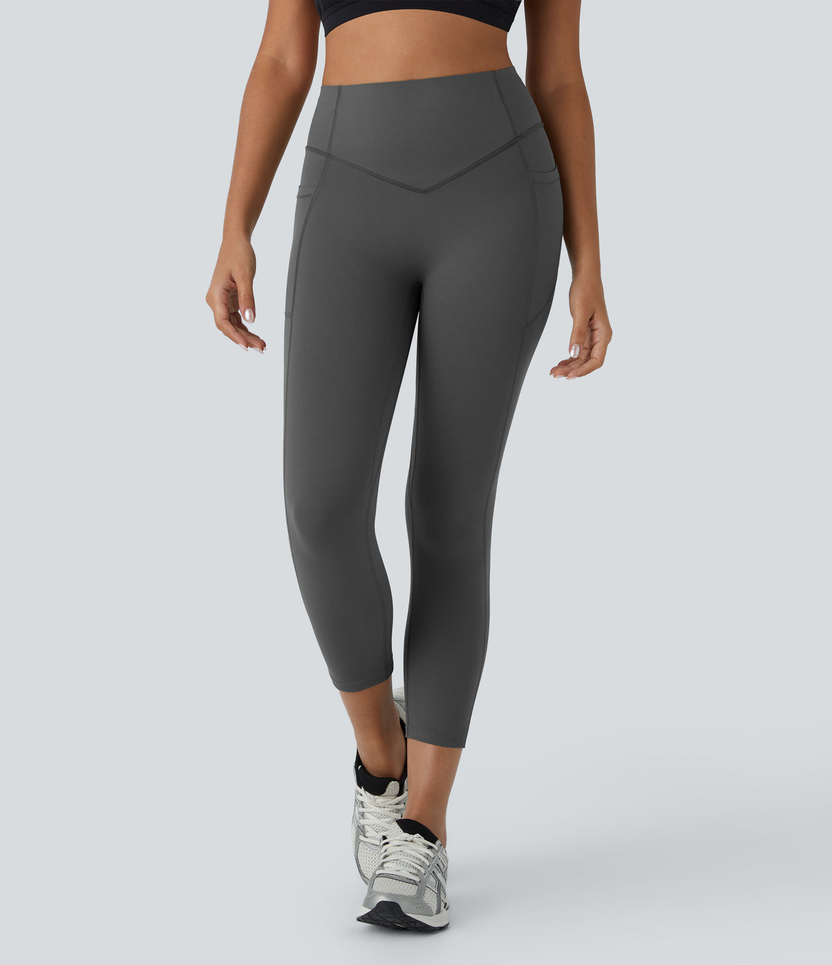 High Waisted Scrunch Butt Lifting Tummy Control Pocket Shaping Capri Training Leggings — Volcanic Ash — view 2