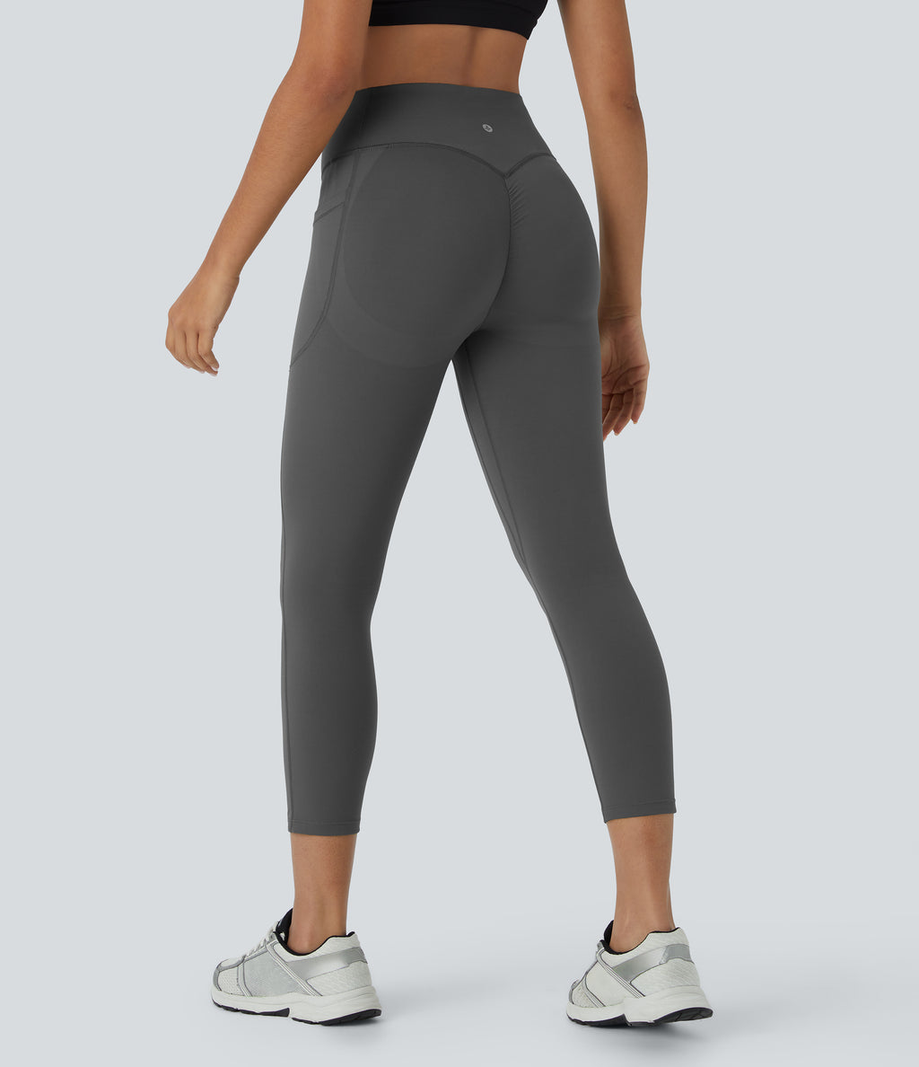 High Waisted Scrunch Butt Lifting Tummy Control Pocket Shaping Capri Training Leggings — Volcanic Ash — view 1