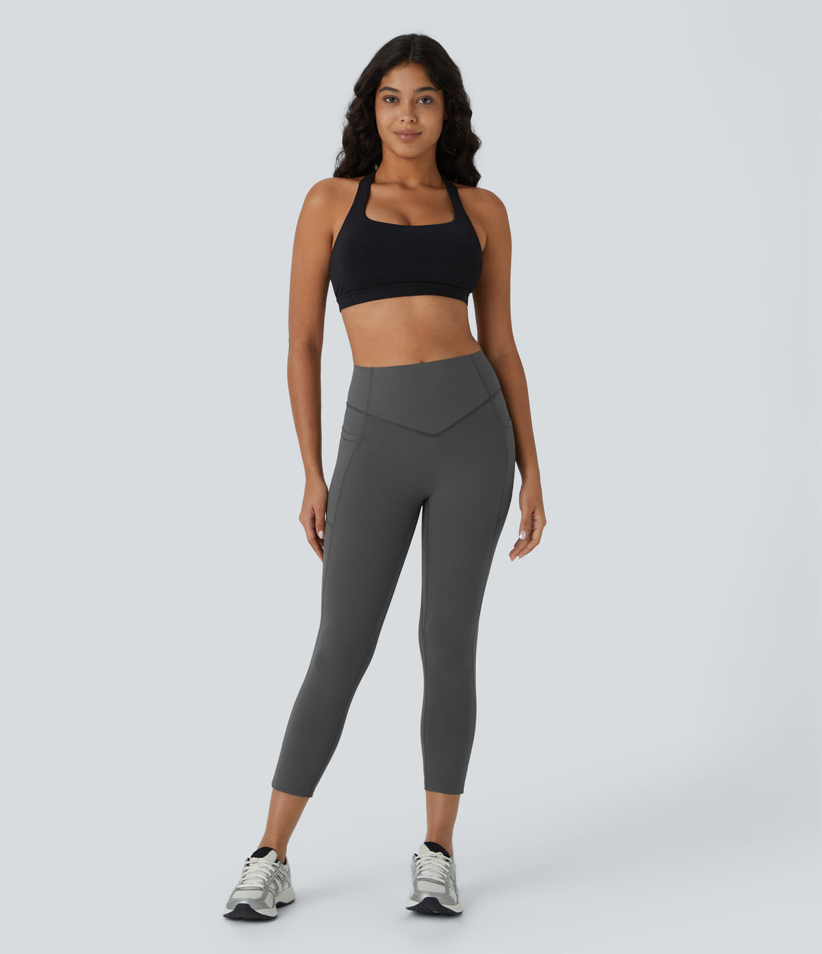 High Waisted Scrunch Butt Lifting Tummy Control Pocket Shaping Capri Training Leggings — Volcanic Ash — view 4
