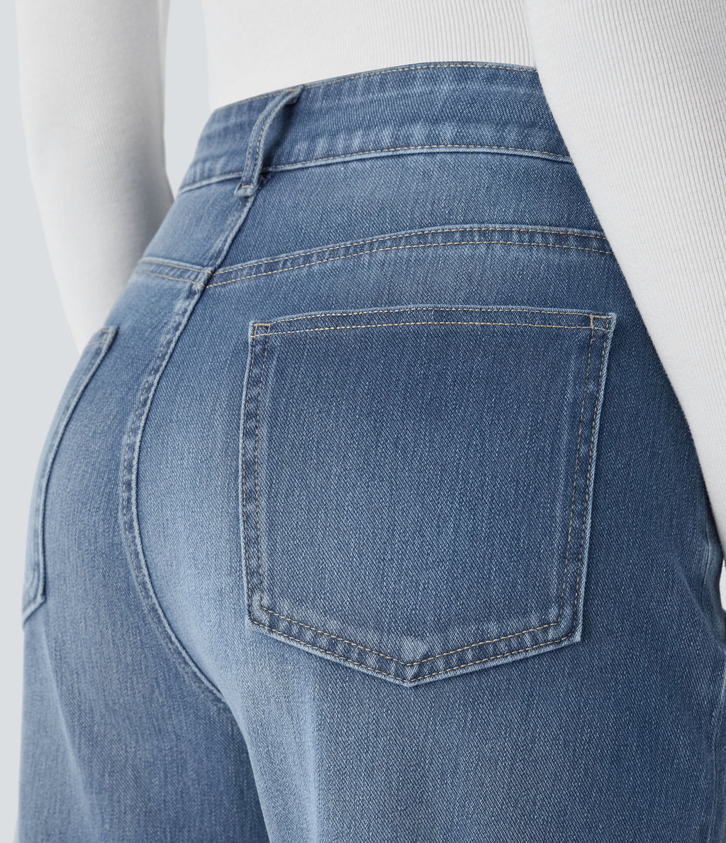 High Waisted Pockets Adjustable Hem Wide Leg Washed Casual Jeans — Blue Spruce Denim — view 5